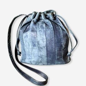 Soft Leather Purse Classic Bucket Bag, Vintage Crossbody Blue Gray Drawstring